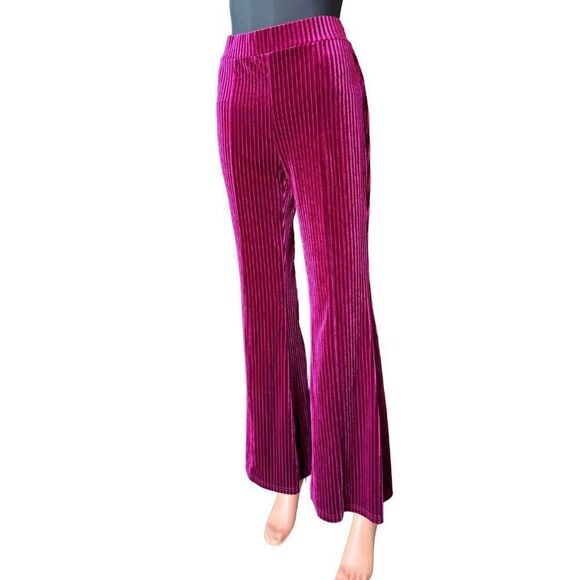Women’s Maroon Velvet Ribbed High Waisted Flared Stretchy Pants Size Medium - Picture 2 of 6